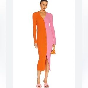 Pink and Orange Ribbed Button Down Midi Sweater Dress